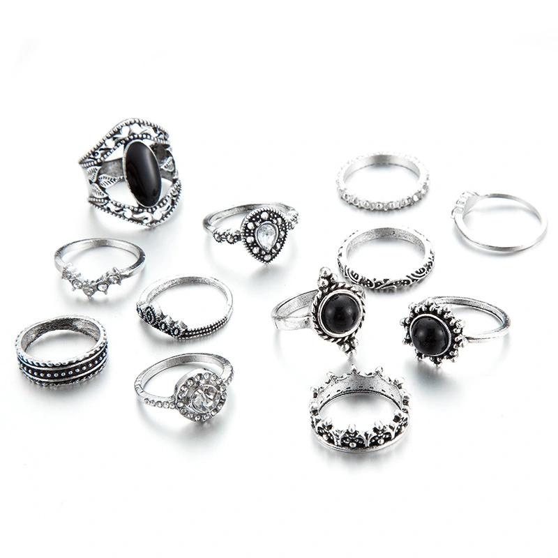 Black Gem Sun Water Drop Crown Full Diamond Antique Silver Ring Set
