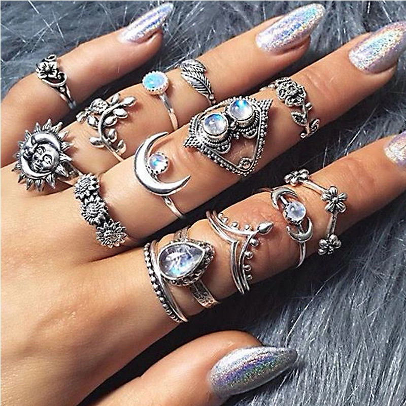 Water Drop Flower Sunflower Moon Sun Fourteen Set Ring