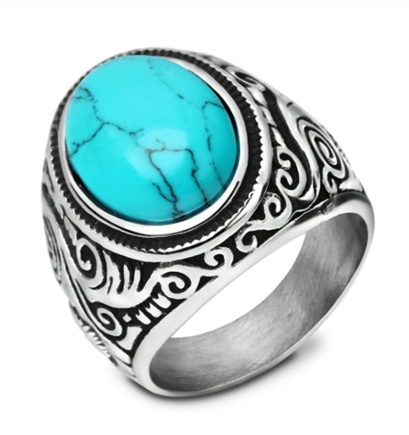 Fashion Alloy Black Agate Turquoise Ring Punk Personality Trend Carved