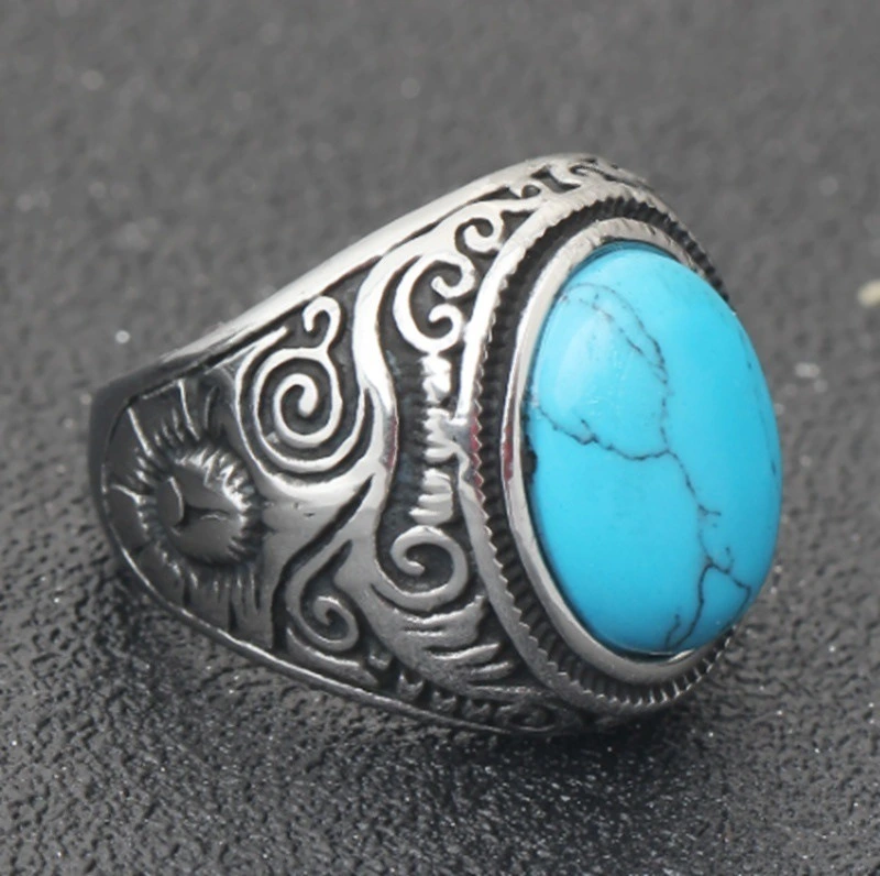 Fashion Alloy Black Agate Turquoise Ring Punk Personality Trend Carved