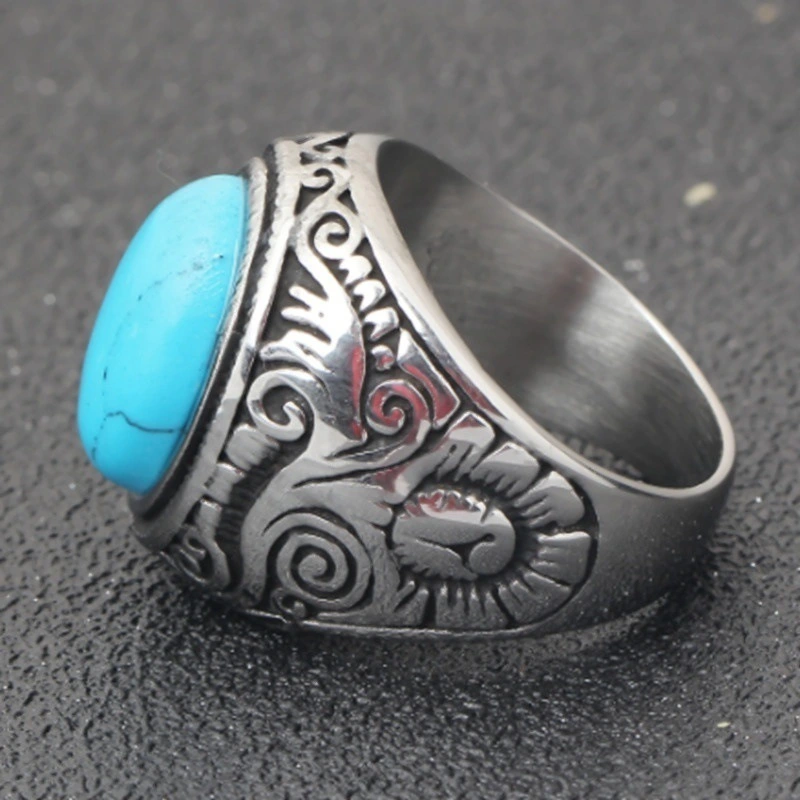 Fashion Alloy Black Agate Turquoise Ring Punk Personality Trend Carved