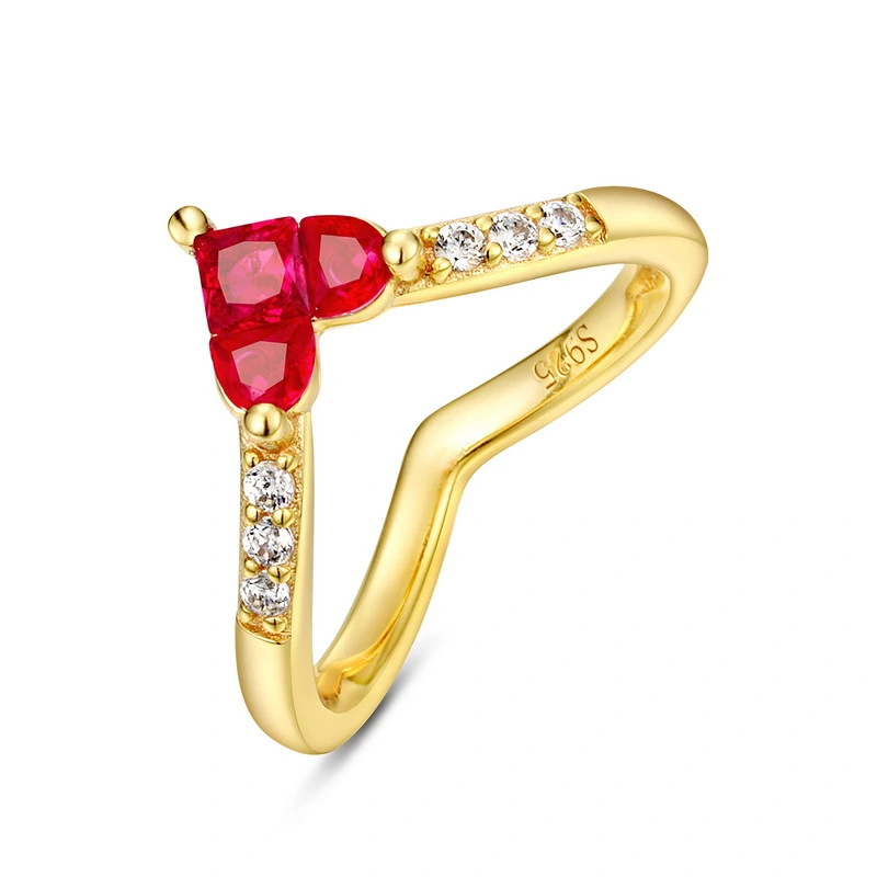 Womens Gold Inlaid Red Corundum Love Heart Zircon Ring