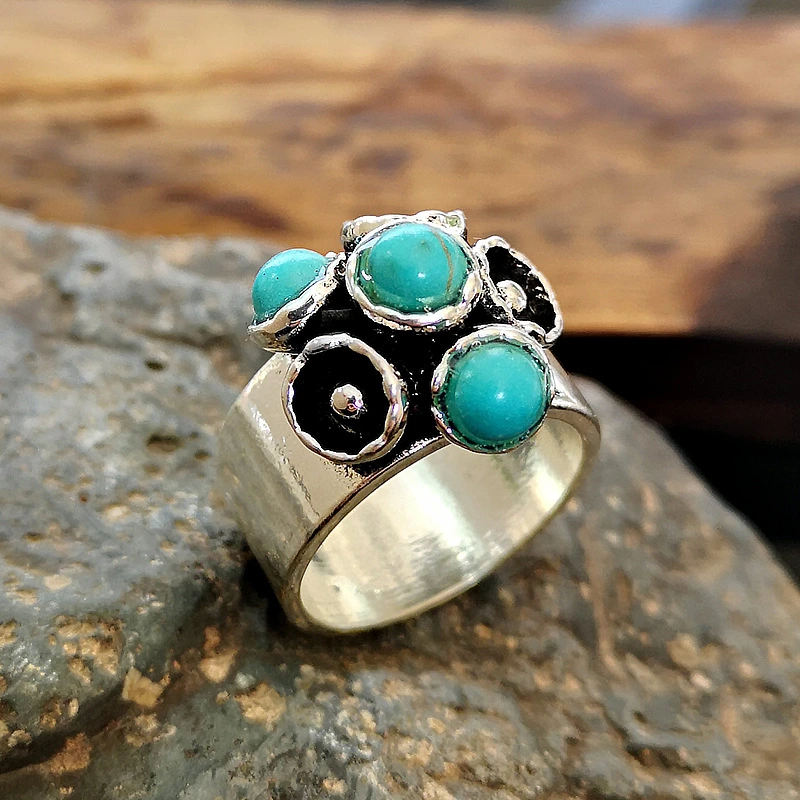 Flower Gemstone 925 Vintage Thai Silver Turquoise Ring