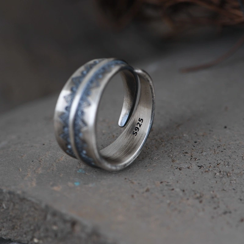 S925 Silver Vintage Distressed Craft Ring Women