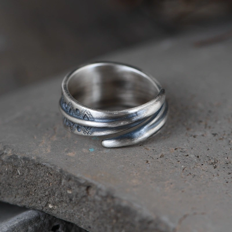 S925 Silver Vintage Distressed Craft Ring Women
