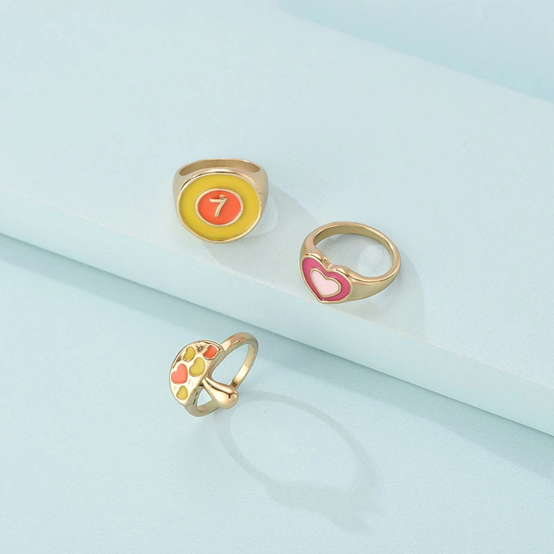 Love Flower Mushroom Butterfly Oil Drop Ring 3-Piece Set