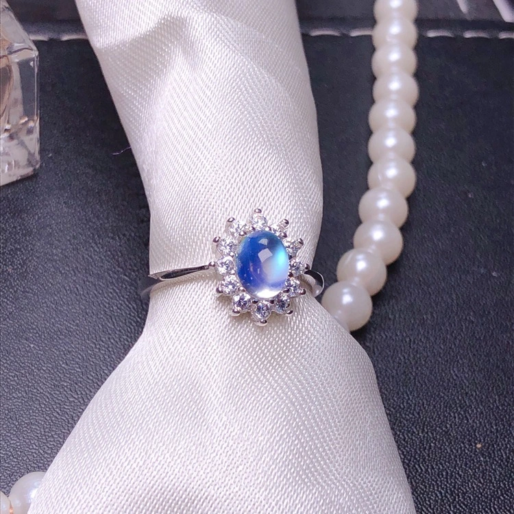 Natural Blue Moonstone Ring 925 Silver Inlaid Live Mouth