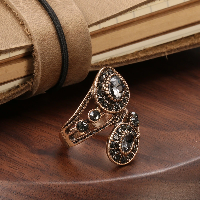 Turkish Style Fashion Luxury Antique Gold Water Drop Grey Gemstone Vintage Ring