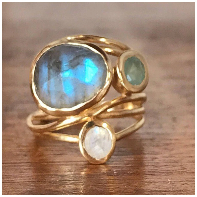 24k Yellow Gold Plated And Inlaid Colorful Moonstone Shell Ring