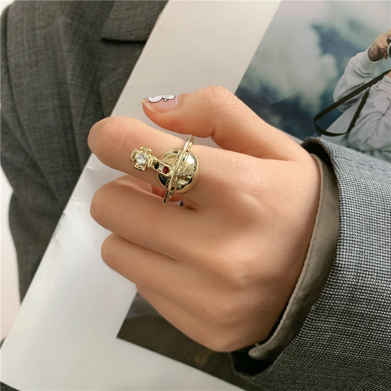 Design Punk Exaggerated Stereo Saturn Planet Metal Diamond Ring