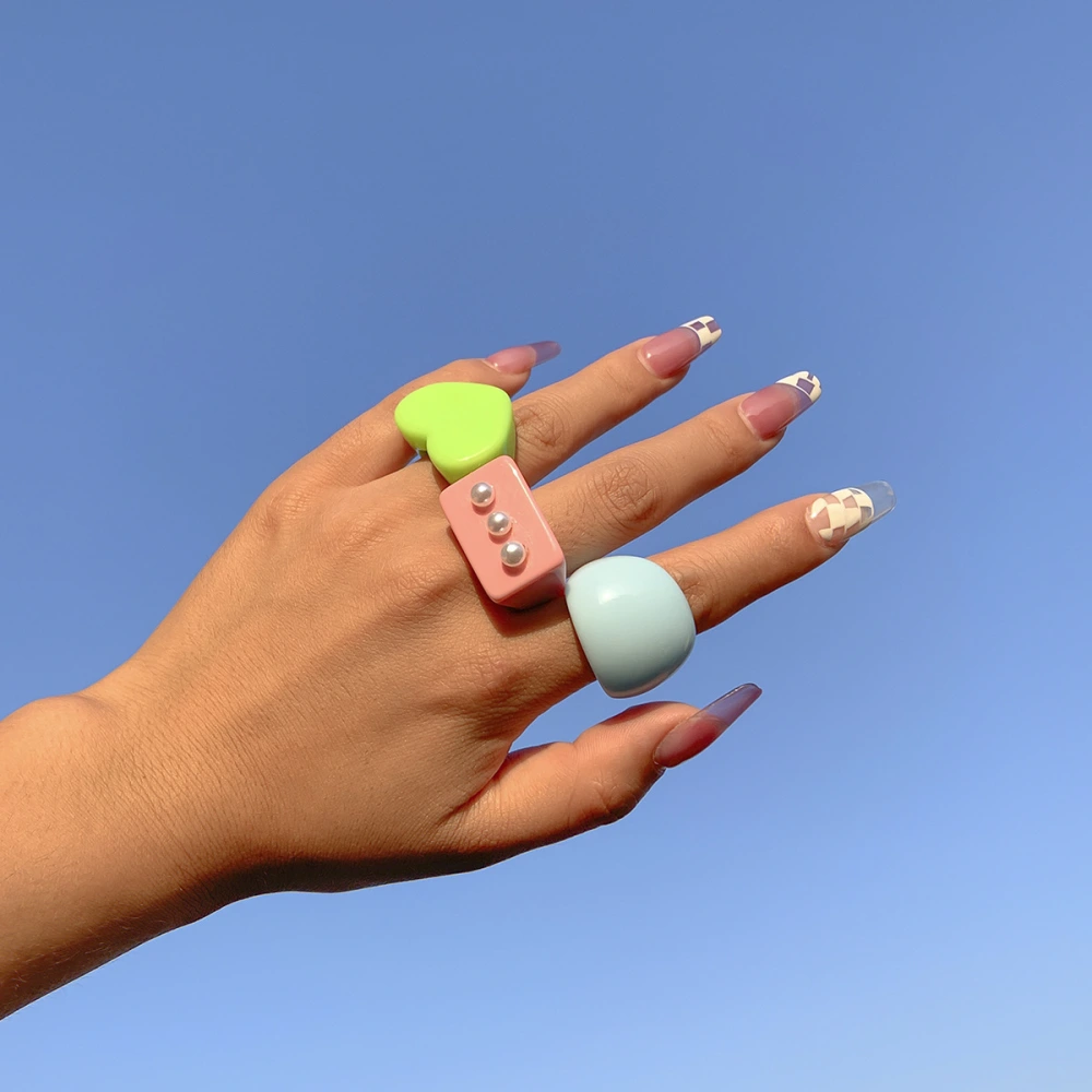Exaggerated Macaron Color Geometric Ring Set