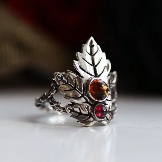 Maple Leaf Garnet Zircon Ring Simple Design Elegant Noble And Cold