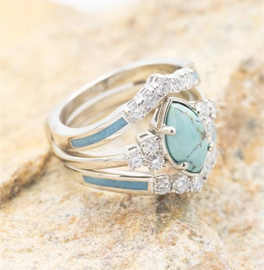 Creative Turquoise And Diamond Three-piece Women's Ring