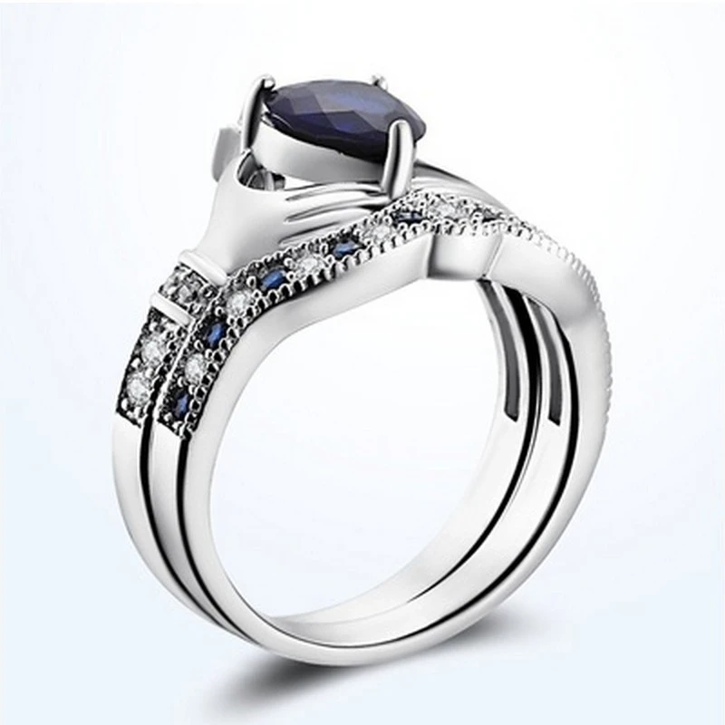 Luxury Double Set Ring Blue Zircon Holding Heart