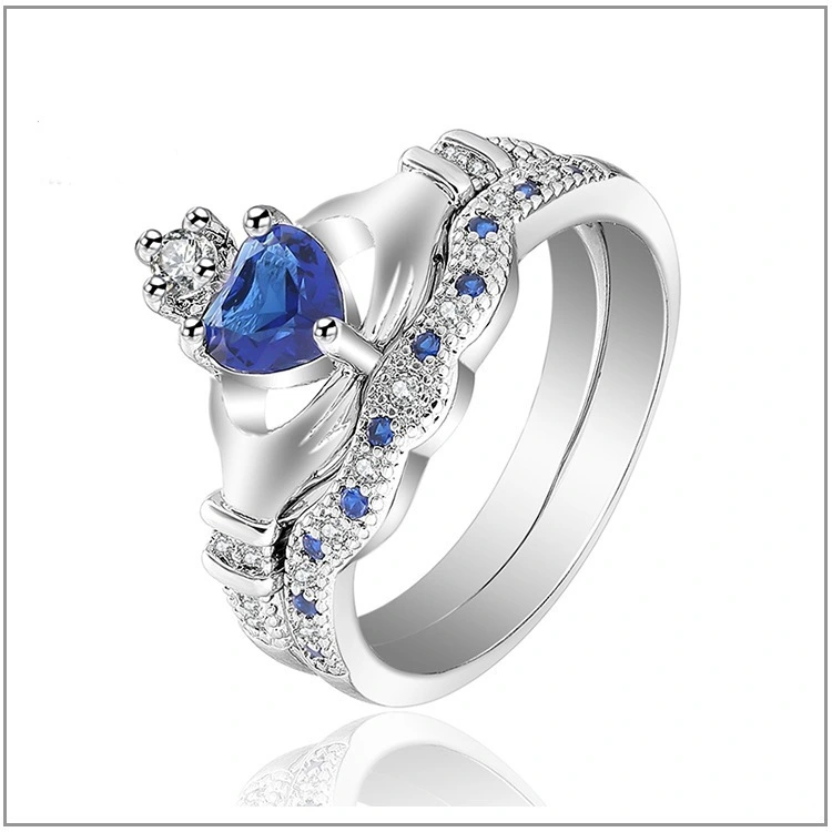 Luxury Double Set Ring Blue Zircon Holding Heart