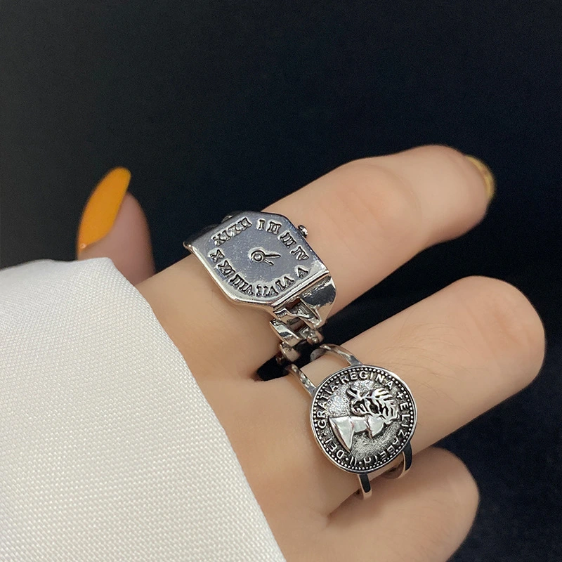 Retro Korean Style Clock Design Geometric Diamond Ring