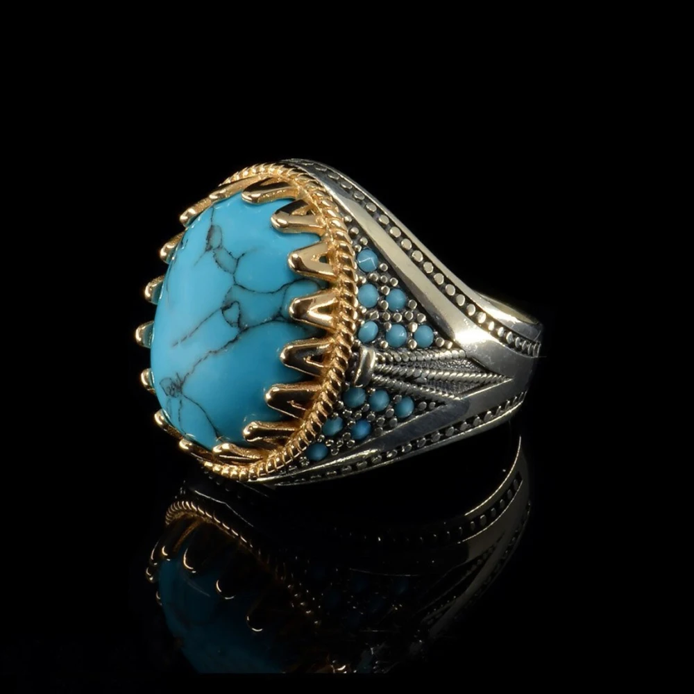 Retro Men's Plating Two Tone Inlaid Turquoise Ring