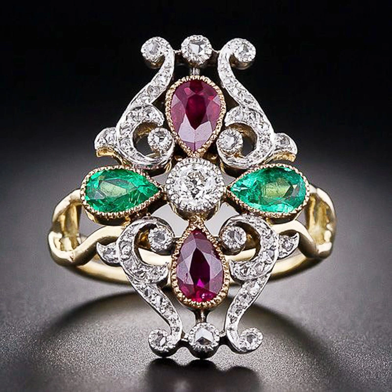 Gold Two-tone Crown Between Green And Red Zircon Staff Ring