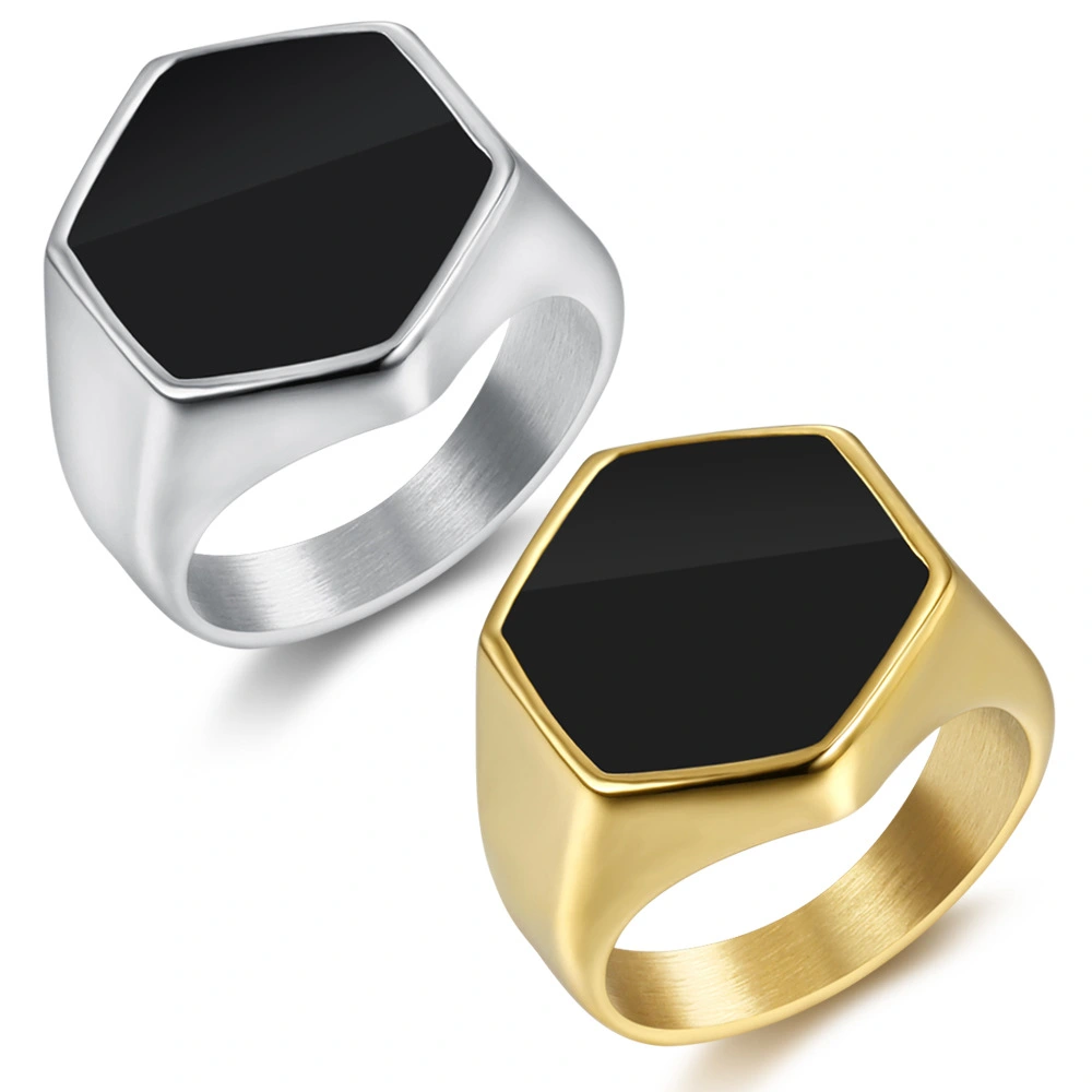 Stainless Steel Bright Black Gutta Percha Ring For Men