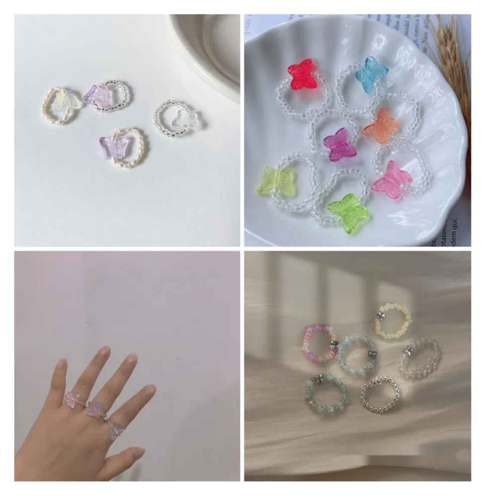 Handmade Beaded Butterfly Ring Color Butterfly Simple Single Circle Elastic Ring