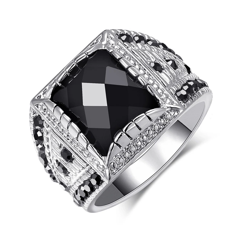 Silver-plated black gemstone ring