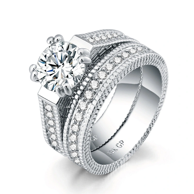 Fashionable Ladies Engagement Ring Set With Zircon Micro-Set Platinum-Plated Ring