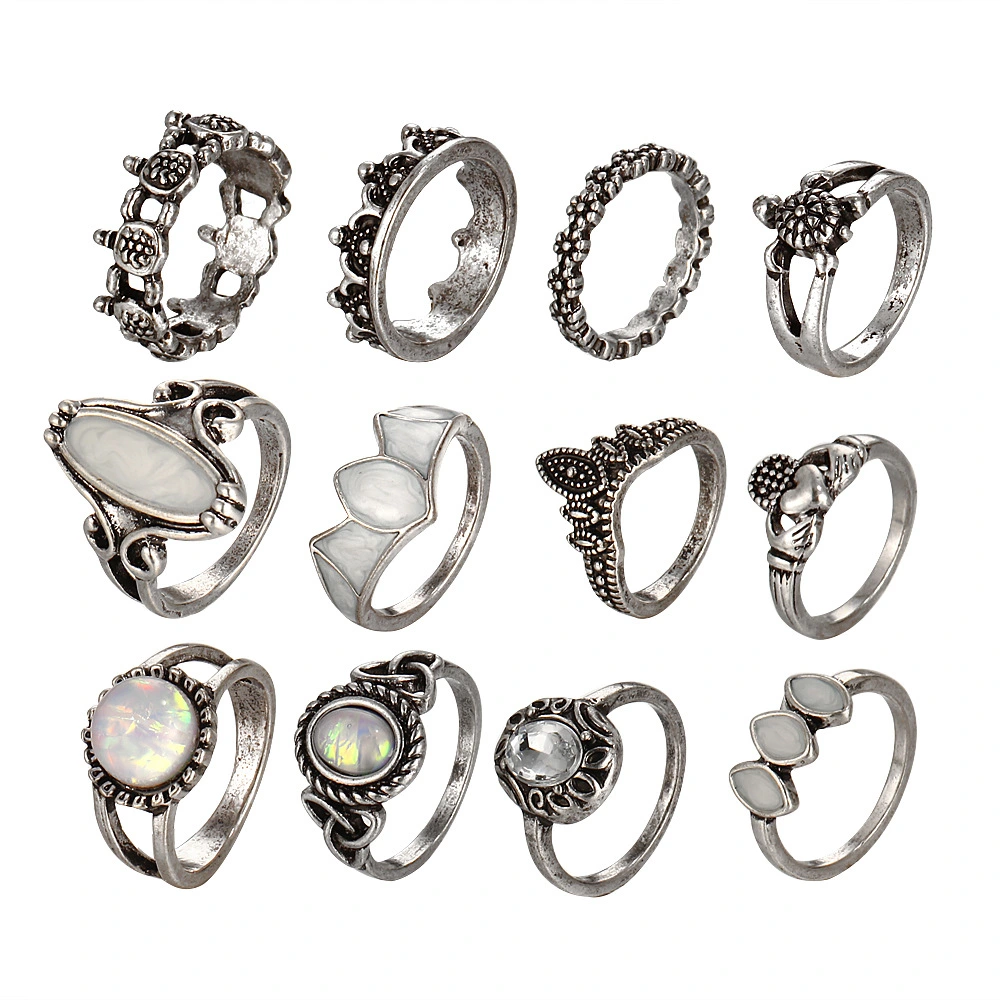 12-piece ring retro carved gemstone turtle set