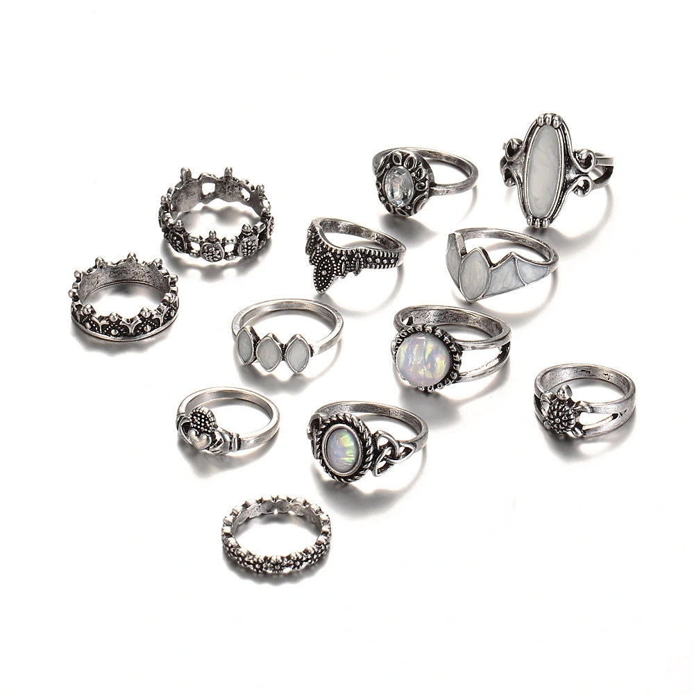 12-piece ring retro carved gemstone turtle set