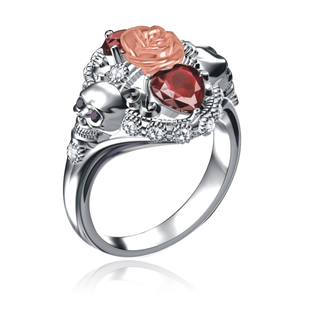 Rose Skull Ring Heart Shape Red Zircon Punk Ring Accessories