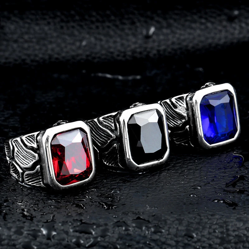 Vintage Stainless Steel Ring With Gemstones, Men's Fashion Ring