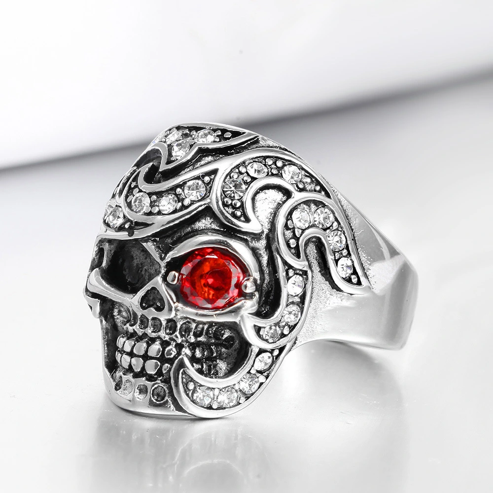 Fashion Jewelry Stainless Steel Skull Head Zircon Ring