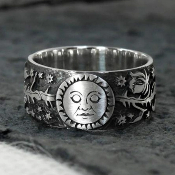 Thai Silver Flower Sun Moon Ring For Men And Women