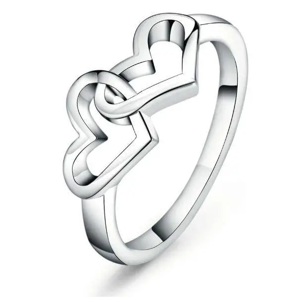 Simple platinum plated double heart ladies ring