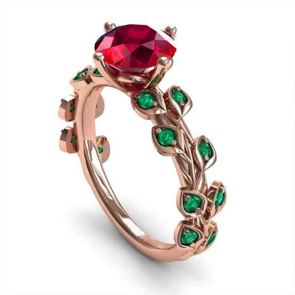 Red flower green leaf fancy diamond ring for women