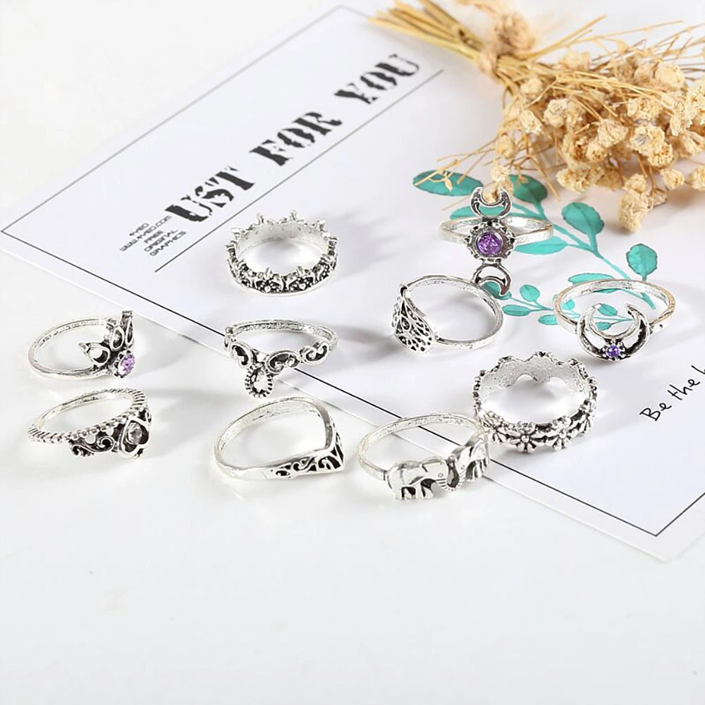 Elephant Palm Crown Diamond Ring Set