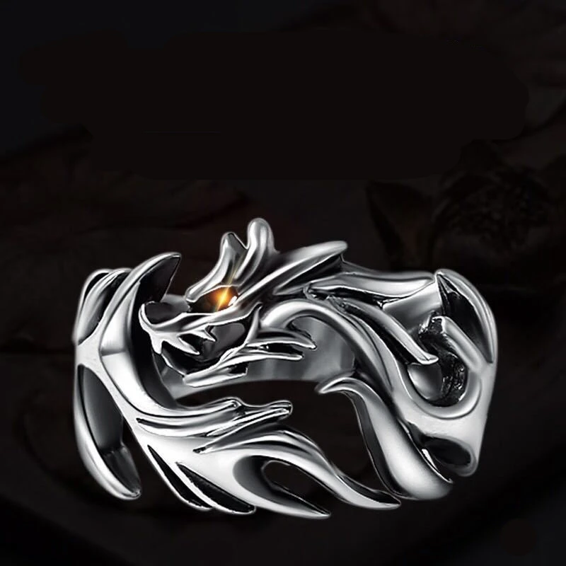 Flame dragon silver ring men