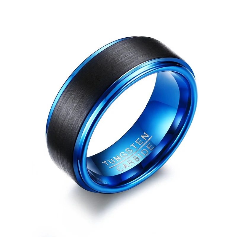 9MM Tungsten Steel Ring Black + Blue European and American Fashion Jewelry