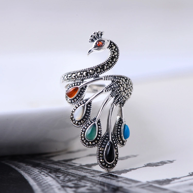 Multicolored stone peacock female silver ring