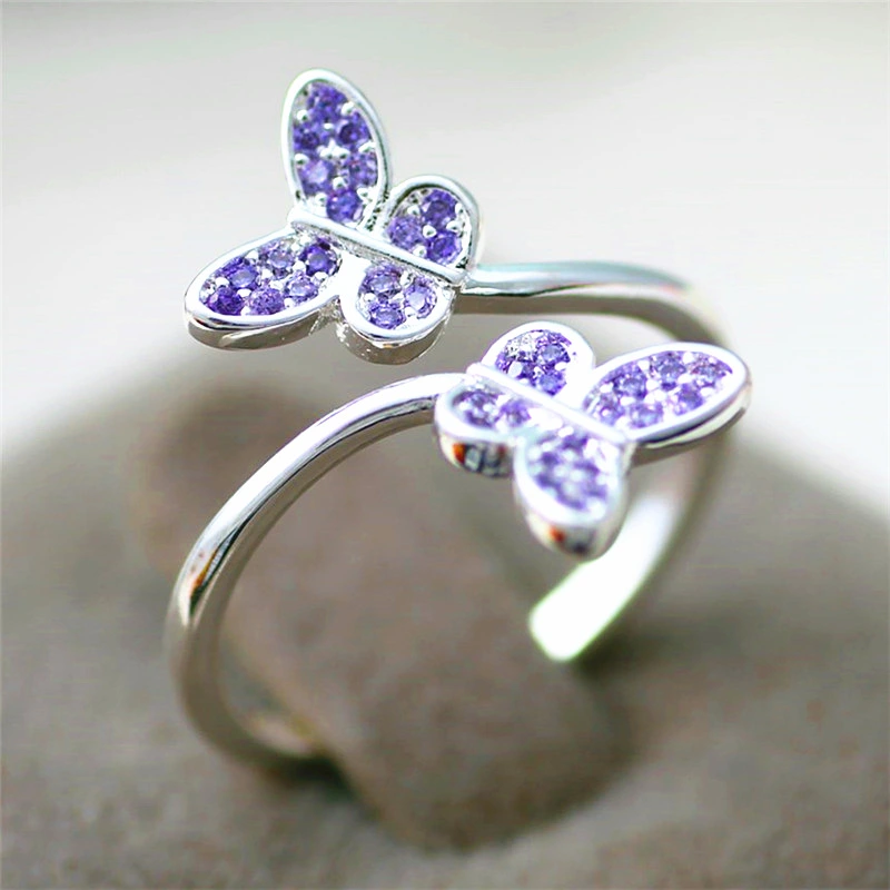 Fashionable Diamond Adjustable Purple Butterfly Ring