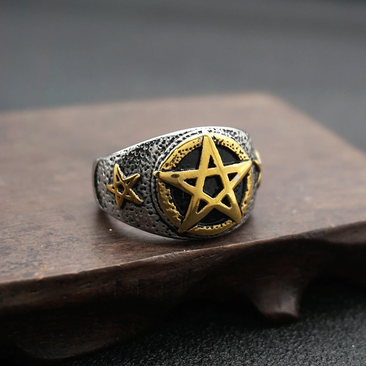 Pentagram star male gold ring titanium steel ring
