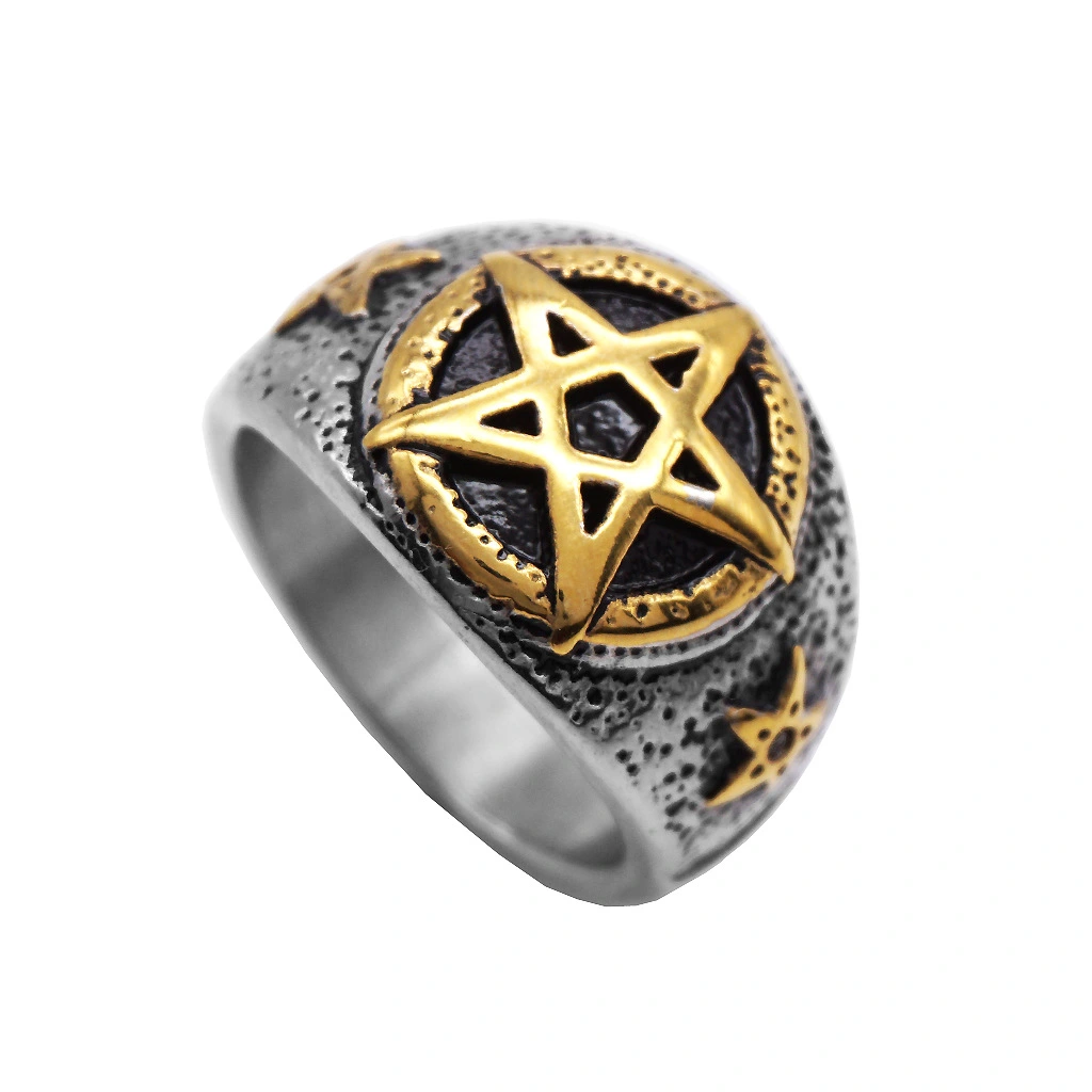 Pentagram star male gold ring titanium steel ring