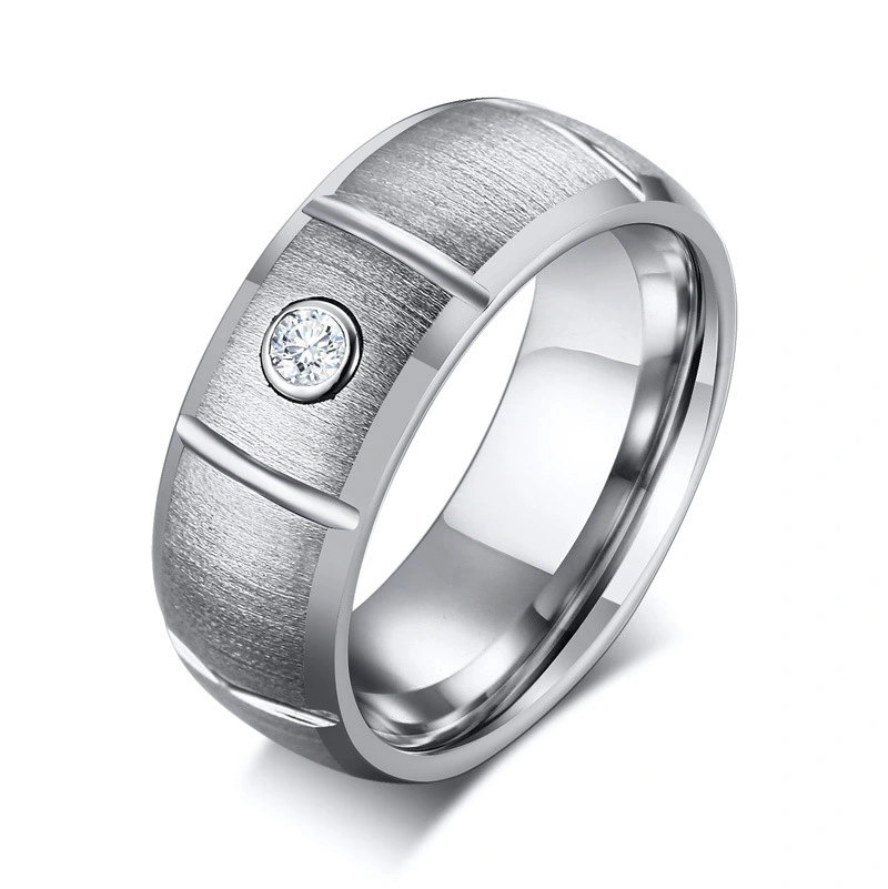 Brushed tungsten steel ring with zircon