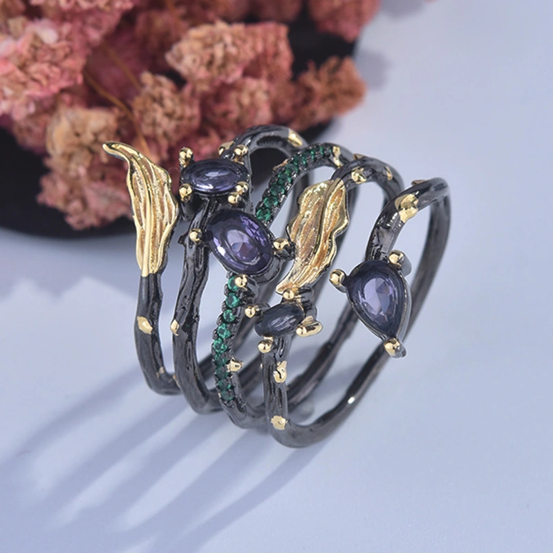 Creative Leaf Feather Color Diamond Gem Ring