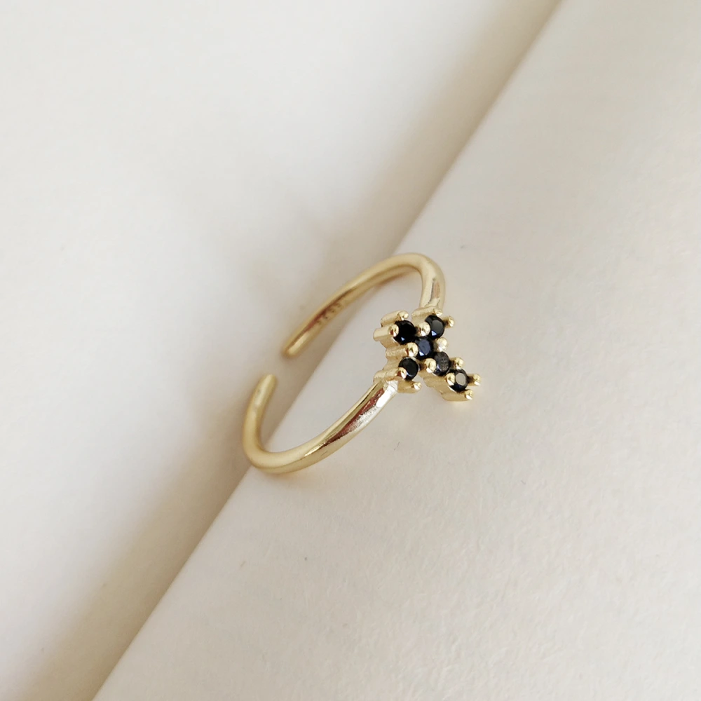 Simple cross black diamond female silver ring