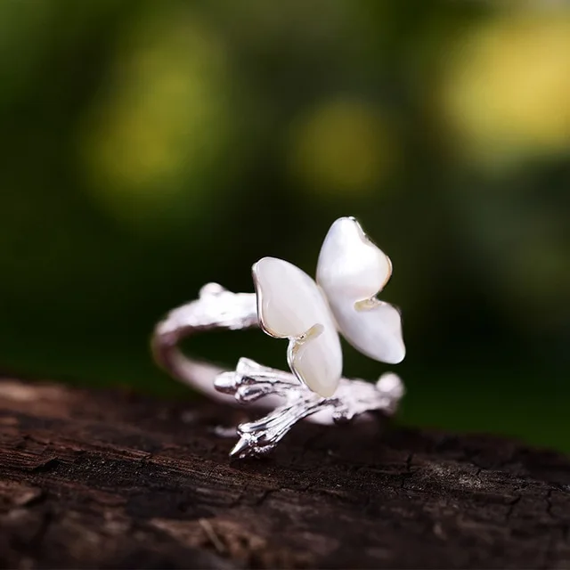 Pink Shell Butterfly Ring Female Branch S925 Silver  Ring