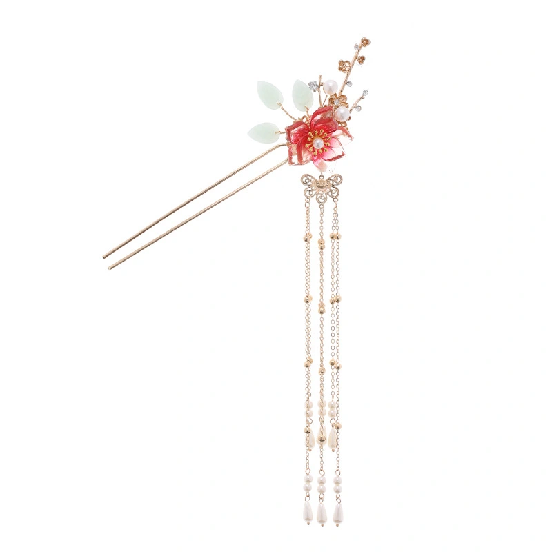 Fringed Red Imitation Jade Flower Hairpin