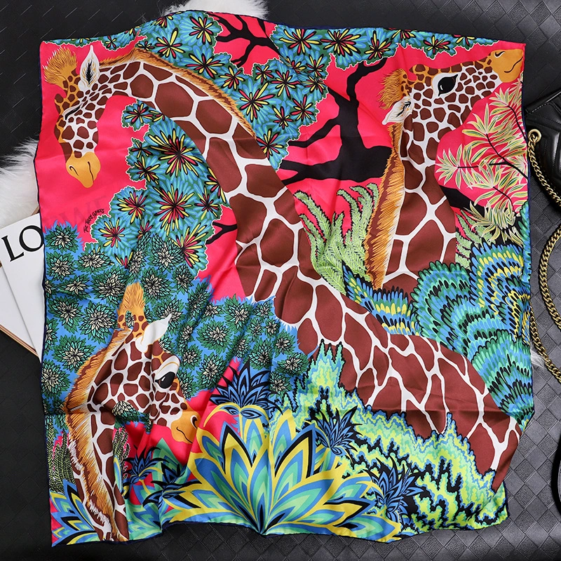 New Silk Scarf 90Cm Square Scarf Hand-Rolled Giraffe Twill Scarf Female Sunscreen Shawl Scarf