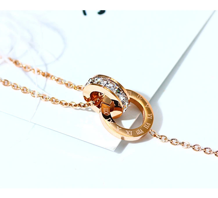 Korean Version Of Titanium Steel Rose Gold Roman Numerals Diamond Zircon Double Ring Anklet