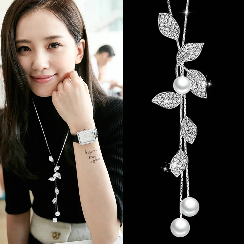 Temperament Pearl Leaf Tassel Necklace Sweater Chain