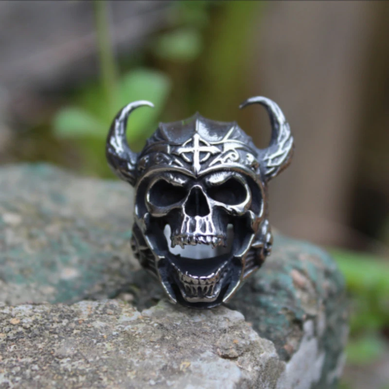 Skull Head Male Ring Horns Retro Ring